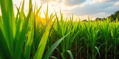 Golden Sunlight Bathes Vibrant Sugarcane Field, Lush Green Stalks Swaying Gently in the Breeze, Abundant Harvest