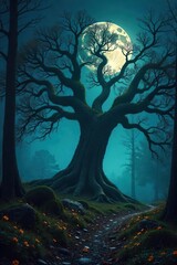 Ancient Oak Tree Sentinel Mystical Moonlit Forest Clearing, Perfect for Fantasy, Halloween, and Witchcraft Themes