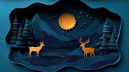 3D Wallpaper of Dark Blue and Gold Forest with Deer, Mountains and River
