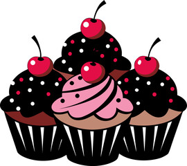 Cute chocolate cupcakes with frosting, sprinkles, and cherries. silhouette  vector black , white background  