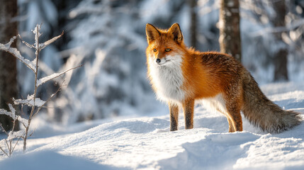 Fototapeta premium A fox with orange fur standing in the snow covered forest in winter time