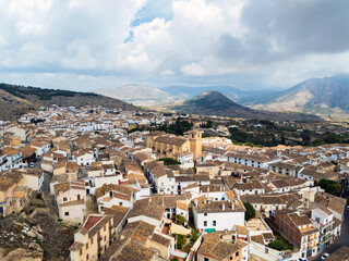 Aerial view of Velez-Blanco with church and mountains