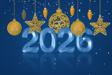 Christmas and New Year card for 2026. Blue numbers 2026, a golden snowflake, a star, a pine cone, and silver snowflakes on a blue background.