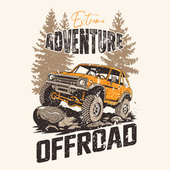 Vintage illustration clothing design adventure 4x4 car offroad expedition mountain river. Retro apparel outdoor nature graphic supply.  car adventure touring road trip. Retro apparel outdoor graphic © Syed