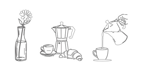 Hand drawn sketch of a coffee maker with cups and a croissant and a vase with flowers © abu sharif