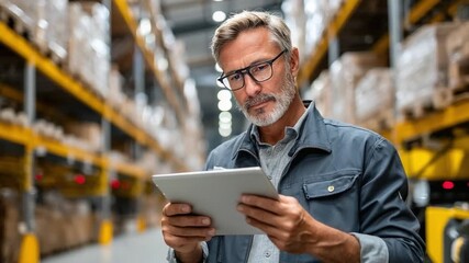 Warehouse Supervisor: A focused warehouse supervisor examines data on a tablet computer, surrounded by stacks of inventory in a busy distribution center, overseeing logistical precision and order. - Powered by Adobe