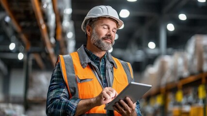 Warehouse Inspector: An experienced warehouse inspector, meticulously examines data on a digital tablet amidst rows of stored inventory, demonstrating expertise and attention to detail.  - Powered by Adobe