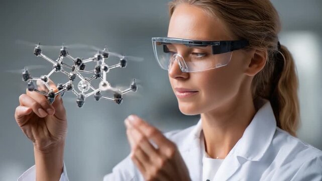 Innovative Gaze: A scientist, bathed in soft light, delicately examines a holographic molecular structure, poised on the cusp of discovery in the realm of science and technology.