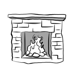 Minimalist sketch style fireplace illustration with warm flame, brick frame, and minimal shading design symbolizing winter comfort, cozy holiday atmosphere, and family warmth