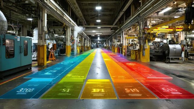 Factory floor with Vibrant Path: A brightly lit industrial facility, featuring a vivid, color-coded path winding through the workspace, symbolizing efficiency and optimized workflow.