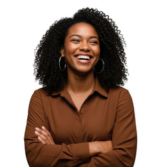 Smiling young black woman with arms crossed wearing a brown shirt isolated on transparent background