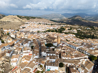 Aerial view of Velez-Blanco with church and mountains