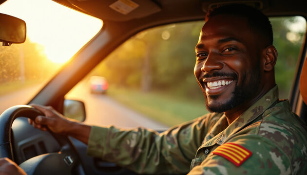 Happy soldier drives car at sunset. African American man smiles from vehicle. Male in army uniform enjoys road trip journey. Sunlight illuminates face. Positive mood, cheerful driver looks at camera. - Powered by Adobe