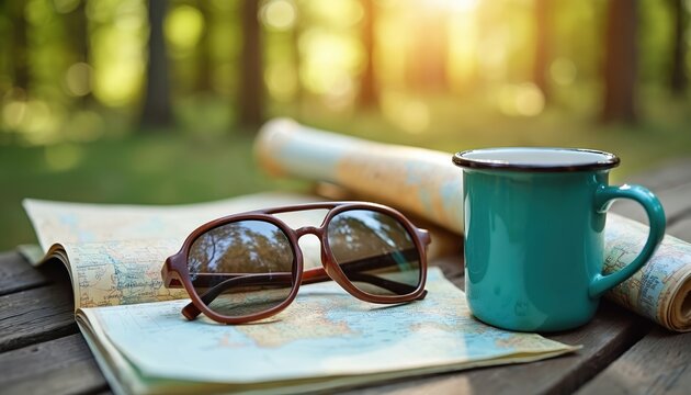 Travel concept still life photo. Map, coffee mug and shades lie on wood table. Tourist plans route and enjoys nature. Road trip vibes. Adventure planning in sun.