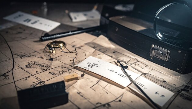A detective's desk with a map, magnifying glass, documents, and other objects arranged for investigation. The scene creates a moody, investigative vibe