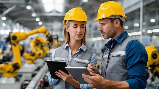 Precision in the Factory: Two skilled engineers, attired in hard hats, engage in a focused discussion amidst a vibrant industrial setting, examining the advanced machinery. 