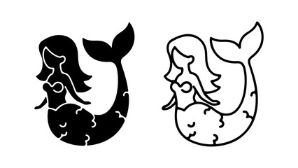 Mermaid silhouette and outline with transparent background