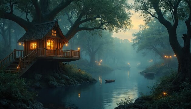 Magical treehouse cabin on river in enchanted foggy forest at night. Cozy wooden house with glowing windows sits on big tree near calm water. Fantasy fairytale home with boat, lanterns creates