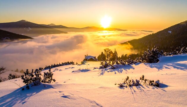 A sunrise over snow-covered mountains, with low-lying clouds, and a small cabin among the trees