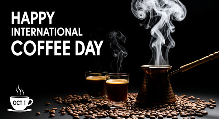 Happy International Coffee Day with steaming coffee and beans