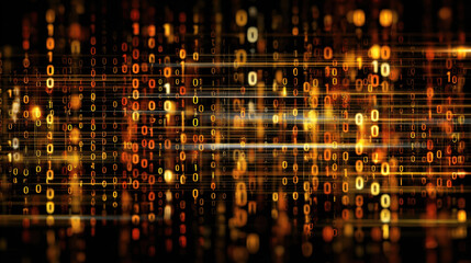 Golden digital code pattern with glowing binary numbers and abstract technology texture