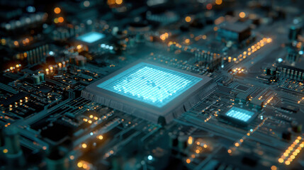 Obraz premium Glowing AI circuit board under light grid, showcasing intricate electronic components and pathways