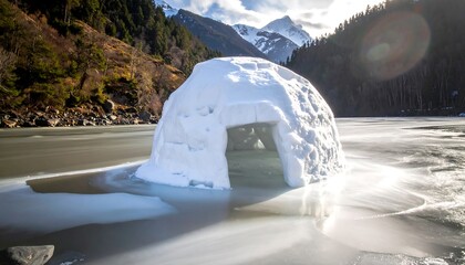 A sunlit snow-covered igloo sits on a frozen lake, with mountains and trees in the background, hinting at a serene winter landscape