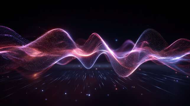 Dynamic holographic energy wave with vibrant colors and glowing particles creates futuristic atmosphere