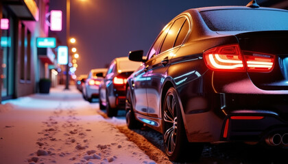 Winter night street. parked cars under snow up and illuminated by neon city lights