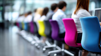Office workers collaborating in a colorful workspace