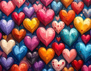 Vibrant array of hearts in varied colors, sizes, and textures, set against a textured blue background