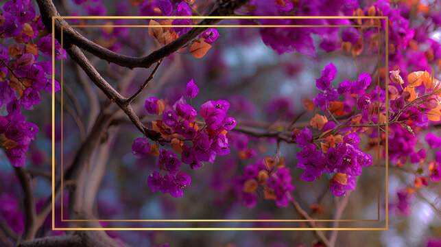 un fondo colorido vibrante y llamativo de flores en las ramas color rosa fiusha dise&ntilde;o floral con un marco dorado delgado con espacio de copia para plantilla o tarjeta de dise&ntilde;o 