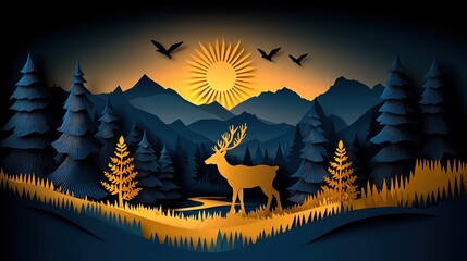 Fototapeta premium 3D Wallpaper of Dark Blue and Gold Forest with Deer, Mountains and River 