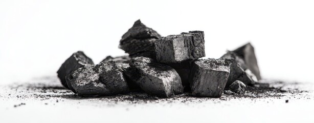 The Charcoal Briquettes Piled on a White Background with Ash Dust and Texture