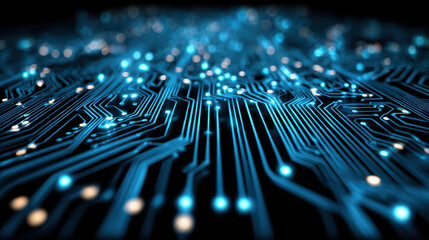 Glowing blue circuit board with digital data stream, showcasing intricate electronic pathways
