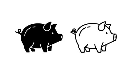 Pig icons with outline and solid fill with transparent background