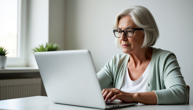 Elderly woman laptop. Mature adult working on computer in bright office environment.