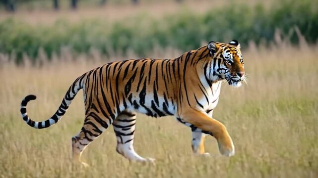 Tiger prowling through tall grass in a field on a sunny day with trees in the background outdoors tiger video