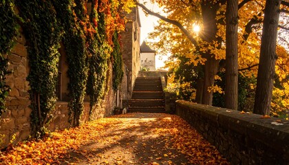 A sunlit, stone path leads toward a medieval castle, framed by trees and vibrant autumn foliage