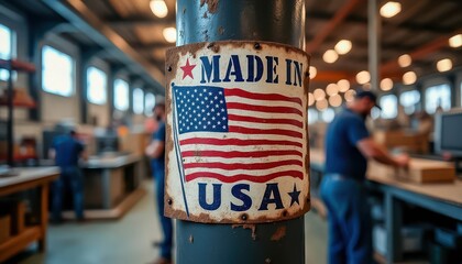 Factory Environment Showcasing a Made in USA Sign With Workers Engaged in Tasks