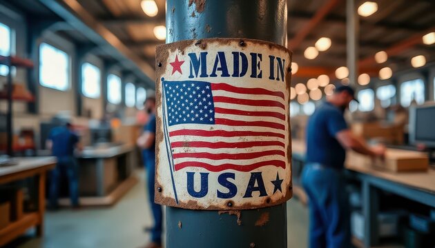 Factory Environment Showcasing a Made in USA Sign With Workers Engaged in Tasks