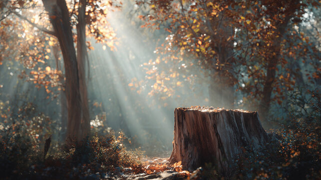 A sunlit forest scene with a tree stump in the foreground and light rays shining through the trees
