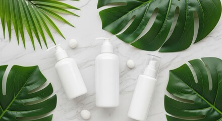Three white cosmetic bottles with pump isolated on white background, surrounded by tropical leaves, showcasing natural beauty and skincare products