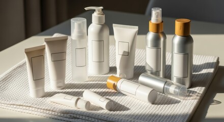 Collection of diverse cosmetic products isolated on white background, featuring various bottles and tubes for skincare and beauty, ideal for branding and advertising