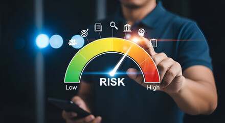 Person touching risk meter with icons and low to high scale Keywords: risk, meter, gauge