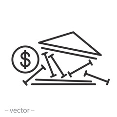 bankrupt icon, destroyed bank building, default, thin line symbol on white background - editable stroke vector illustration eps10