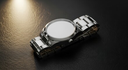Elegant silver wristwatch with a metal band on a dark surface, illuminated by a soft light, showcasing luxury and precision, perfect for a sophisticated look