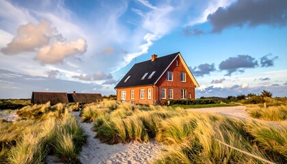 A sunny afternoon captures a red-brick house and a smaller building on a sandy beach with tall grassy vegetation, under a cloud-filled sky
