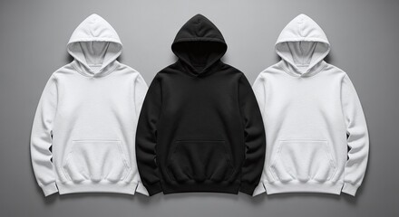 Three blank hoodies, one black and two white, arranged symmetrically on a gray background © MindRender