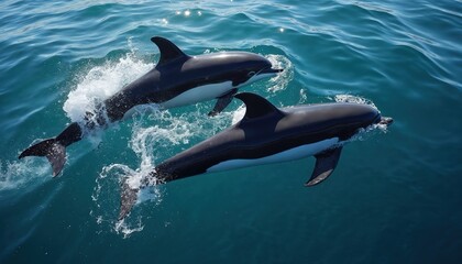 Obraz premium Two Pacific white sided dolphins swim together in deep blue ocean water splashing. Mammals glide gracefully near surface creating foam. Marine animals move with speed agility. Ocean life.